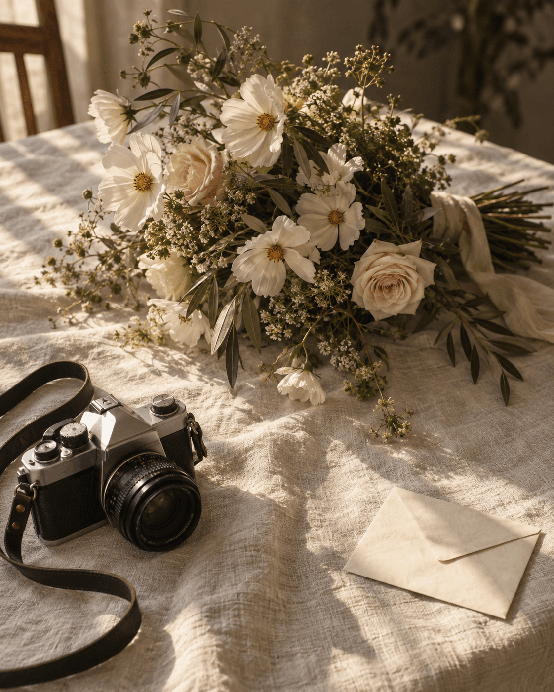 Garden flowers, a film camera and a cream envelope arranged in warm window light