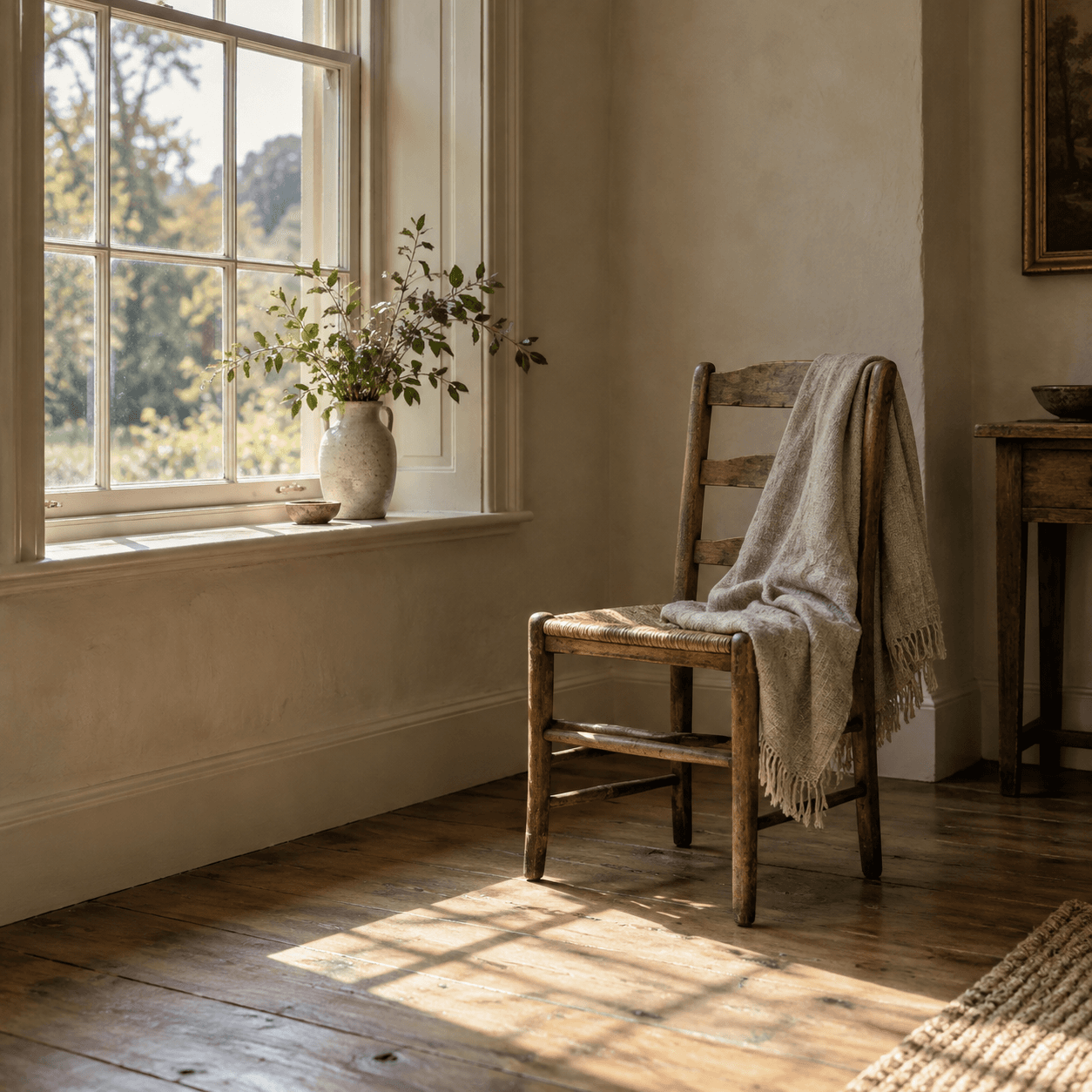 An oak chair and a linen throw beside a sunlit sash window